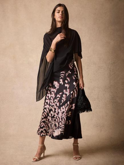 Mint Velvet Satin Printed Cape Detail Maxi Dress, Black, Black