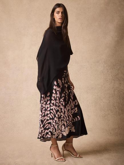 Mint Velvet Satin Printed Cape Detail Maxi Dress, Black - view 2, Black