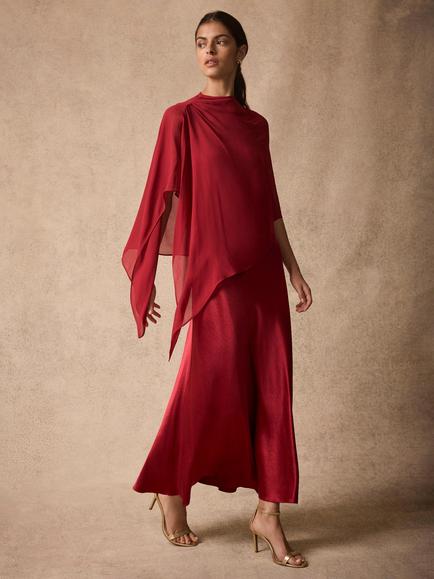 Mint Velvet Satin Cape Detail Maxi Dress, Red, Red