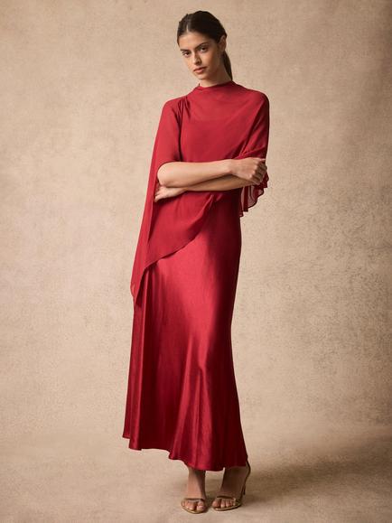 Mint Velvet Satin Cape Detail Maxi Dress, Red - view 2, Red