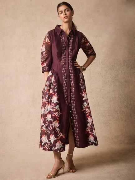 Mint Velvet Floral Midi Shirt Dress, Burgundy, Burgundy