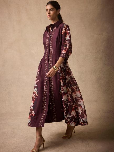 Mint Velvet Floral Midi Shirt Dress, Burgundy - view 2, Burgundy