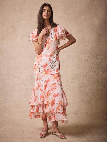 Mint Velvet Floral Print Midi Dress, Pink/Multi, Pink/Multi