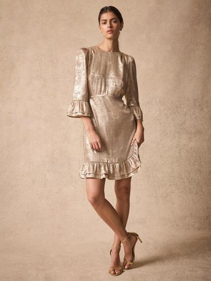 Mint Velvet Metallic Ruffle Hem Mini Dress, Gold, Gold