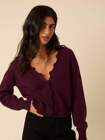 Nobody's Child Wool Blend Crochet Trim Jumper, Burgundy, Burgundy