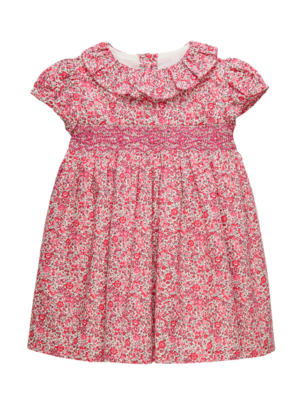 Trotters Baby Emma & Georgina Cotton Floral Print Smocked Dress, Raspberry, Raspberry
