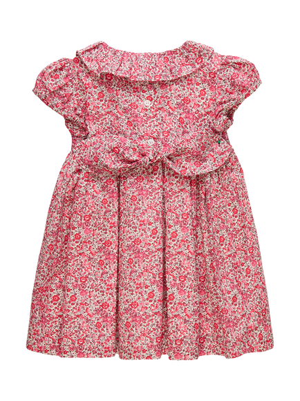 Trotters Baby Emma & Georgina Cotton Floral Print Smocked Dress, Raspberry - view 2, Raspberry