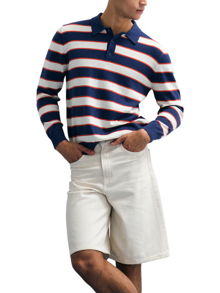 Topman Striped Knit Long Sleeve Polo Shirt, Navy, Navy