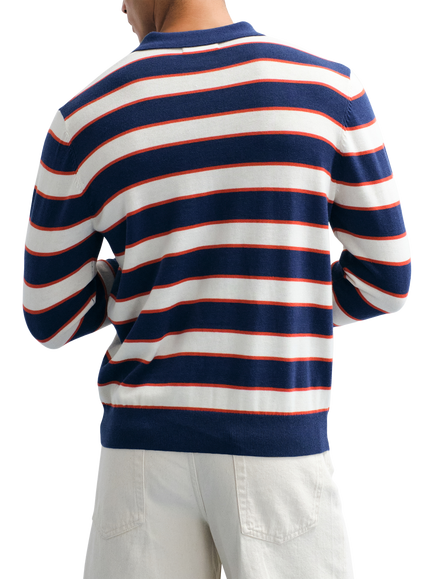Topman Striped Knit Long Sleeve Polo Shirt, Navy - view 2, Navy