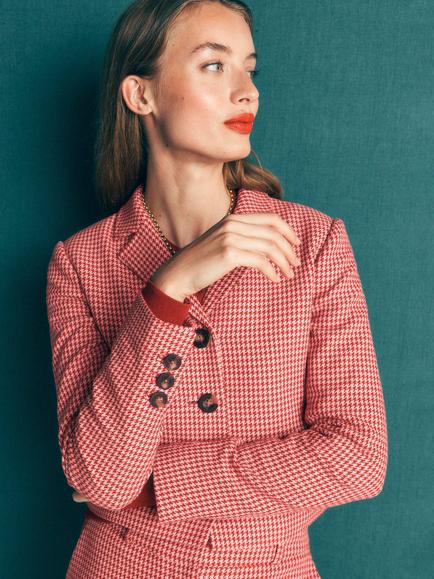 Boden Dartmouth Dogtooth Single Breasted Blazer, Pink, Pink