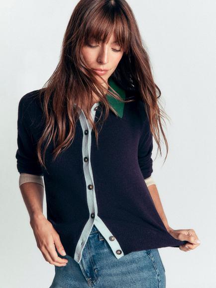 Boden Ariadne Colourblock Collared Cardigan, Navy/Multi, Navy/Multi