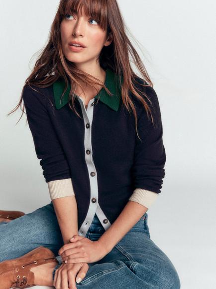 Boden Ariadne Colourblock Collared Cardigan, Navy/Multi - view 2, Navy/Multi