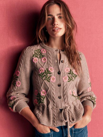 Boden Cable Knitted Floral Embroidered Crew Neck Cardigan, Mink