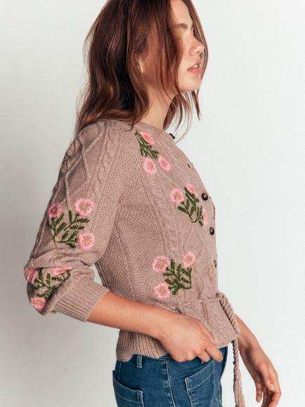 Boden Cable Knitted Floral Embroidered Crew Neck Cardigan - view 2, Mink