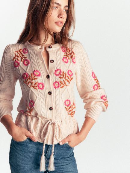 Boden Cable Knitted Floral Embroidered Crew Neck Cardigan, Ecru