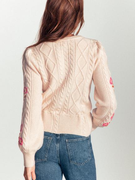 Boden Cable Knitted Floral Embroidered Crew Neck Cardigan - view 2, Ecru