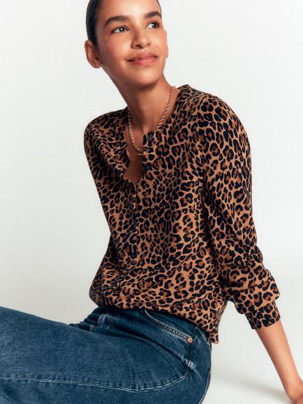 Boden Camilla Animal Print Crew Neck Cardigan, Brown/Multi, Brown/Multi