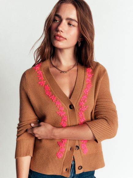 Boden Ella Floral Embroidered V-Neck Cardigan, Camel - view 2, Camel