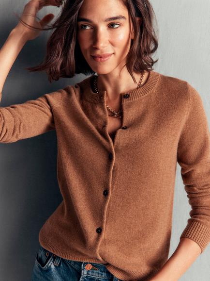 Boden Elsie Cashmere Crew Neck Cardigan, Warm Ginger, Warm Ginger