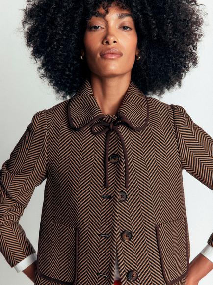 Boden Branscombe Bow Neck Herringbone Blazer, Brown, Brown