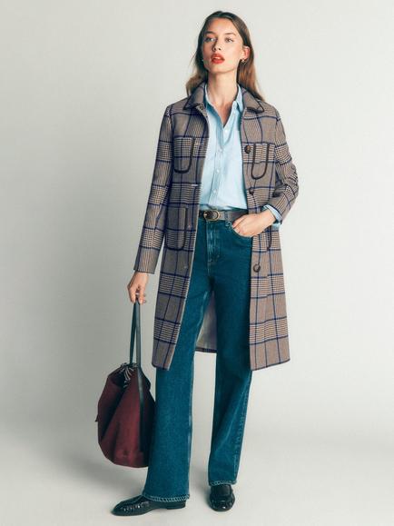 Boden Wool Rich Patch Pocket Check Overcoat, Maroon/Teal, Maroon/Teal