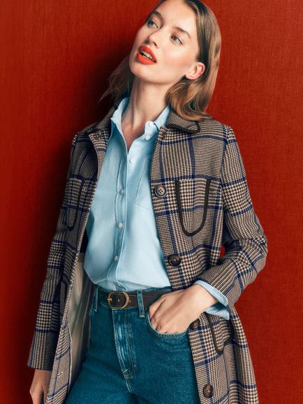 Boden Wool Rich Patch Pocket Check Overcoat, Maroon/Teal - view 2, Maroon/Teal