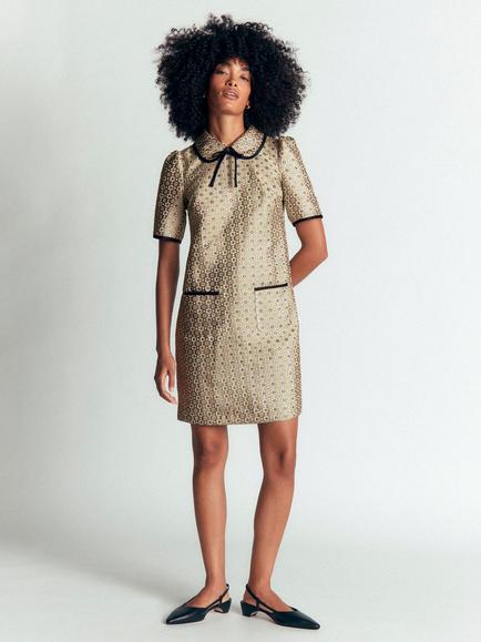 Boden Bow Detail Pocket GO Floral Knee Length Dress, Gold, Gold