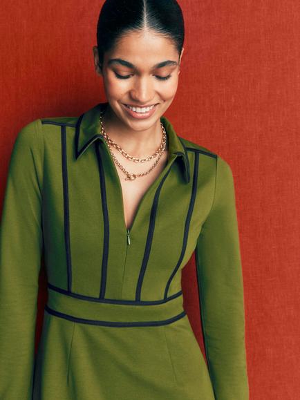 Boden Contrast Ponte A-Line Mini Dress - view 2, Green/Navy