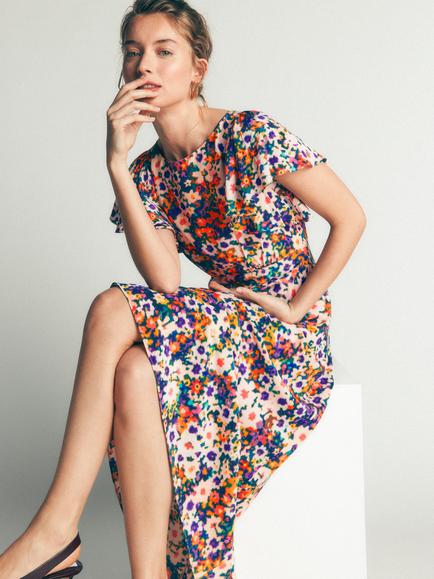 Boden Draped Sleeve Floral Tea Midi Dress, containing LENZING™ ECOVERO™ Viscose, Multi