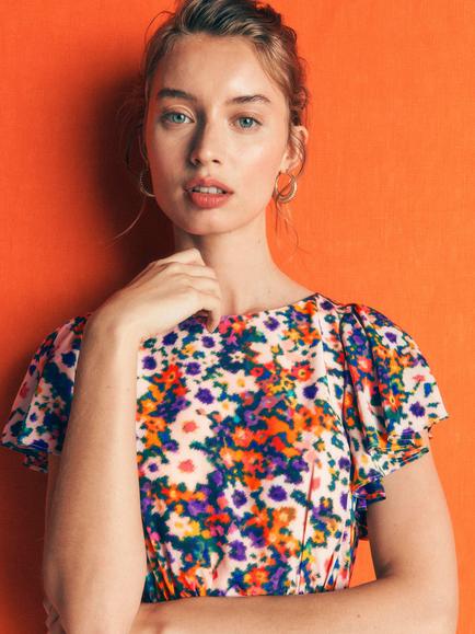 Boden Draped Sleeve Floral Tea Midi Dress, containing LENZING™ ECOVERO™ Viscose - view 2, Multi