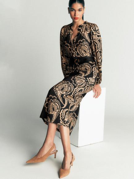 Boden Eli Floral Straight Midi Dress containing TENCEL™ Modal, Black Medley, Black Medley