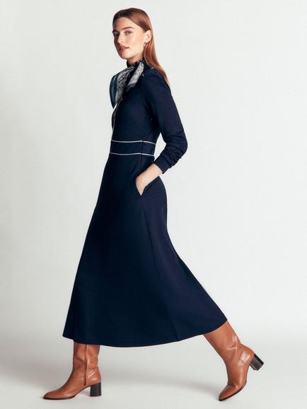 Boden Etta Contrast A-Line Midi Dress containing LENZING™ ECOVERO™ Viscose, Navy/Ivory