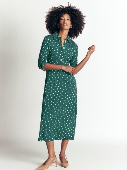 Boden Etta Spot A-Line Midi Dress containing LENZING™ ECOVERO™ Viscose, Green/Multi