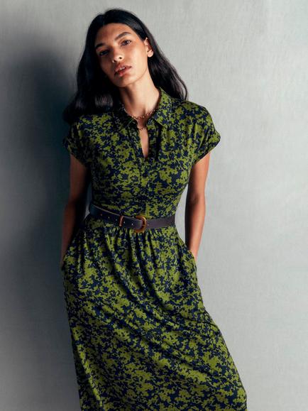 Boden Fae Floral Midi Shirt Dress containing TENCEL™ Modal, Green/Multi - view 2, Green/Multi