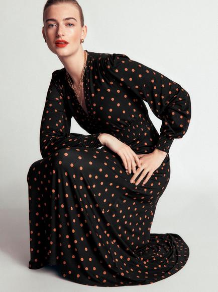 Boden Georgia Polka Dot Jersey Midi Dress containing LENZING™ ECOVERO™ Viscose, Black/Multi, Black/Multi