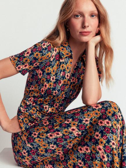 Boden Heidi Floral Jersey Tea Midi Dress containing LENZING™ ECOVERO™ Viscose, French Navy Garden