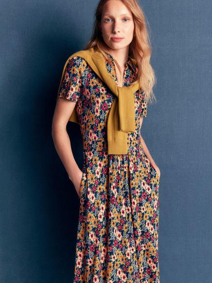 Boden Heidi Floral Jersey Tea Midi Dress containing LENZING™ ECOVERO™ Viscose - view 2, French Navy Garden