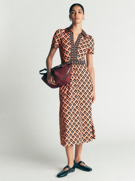 Boden Heidi Geometric Tea Midi Dress containing LENZING™ ECOVERO™ Viscose, Almond Milk/Multi