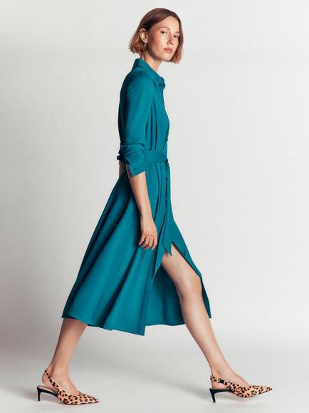 Boden Kate Pleated Midi Shirt Dress, Deep Sea Green - view 2, Deep Sea Green