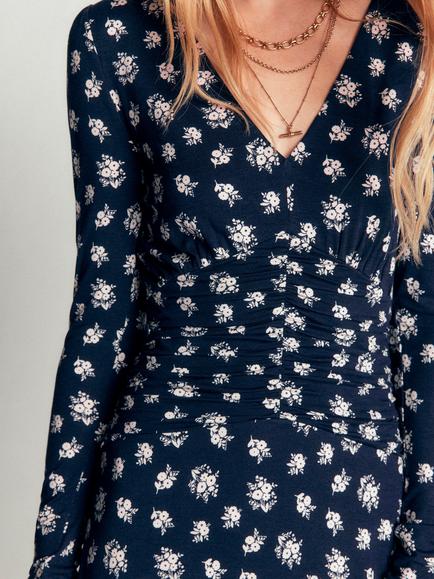 Boden Mya Floral Ruched Midi Tea Dress, French Navy/Multi - view 2, French Navy/Multi