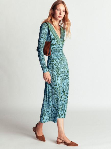 Boden Mya Paisley Floral Ruched Midi Tea Dress, Green/Multi, Green/Multi