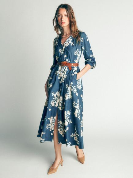 Boden Nicola Floral A-Line Midi Dress, Blue/Multi, Blue/Multi