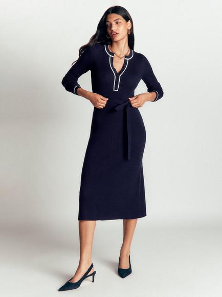 Boden Ribbed Crew Cotton Rich Bodycon Midi Dress, Navy/Warm Ivory