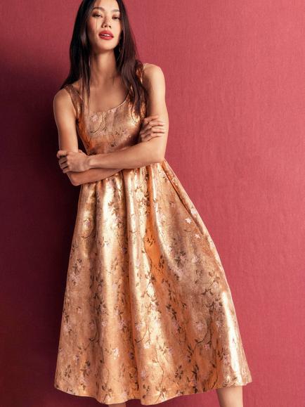 Boden Jacquard Scoop Neck Flared Midi Dress, Gold, Gold