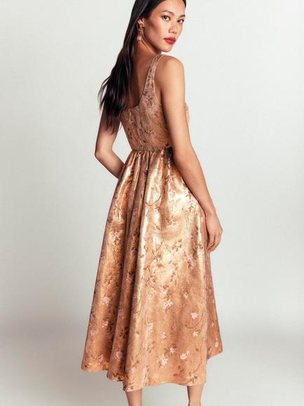 Boden Jacquard Scoop Neck Flared Midi Dress, Gold - view 2, Gold