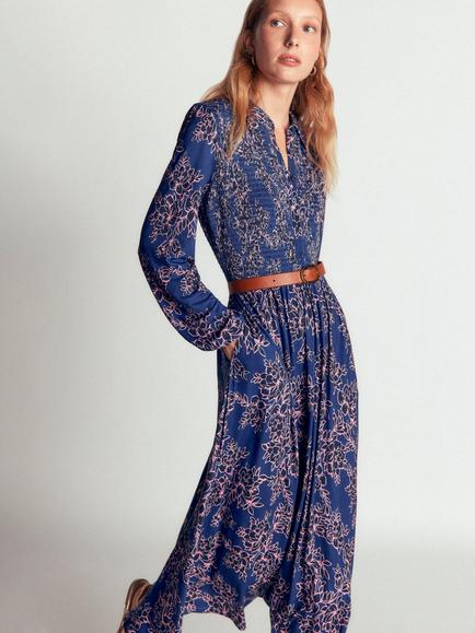 Boden Smocked Jersey Floral Midi Shirt Dress, Navy Enchanted Peony, Navy Enchanted Peony