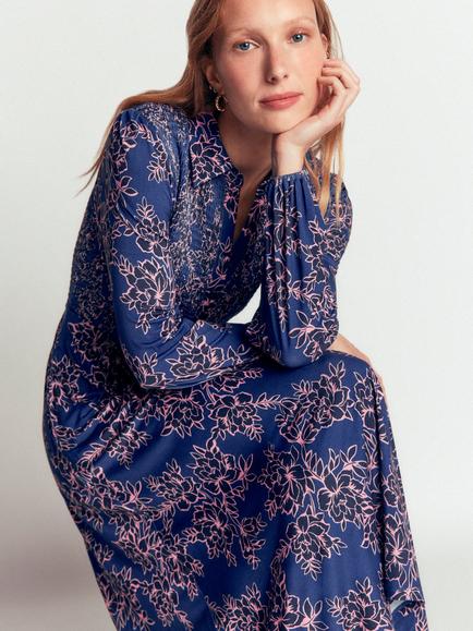 Boden Smocked Jersey Floral Midi Shirt Dress, Navy Enchanted Peony - view 2, Navy Enchanted Peony