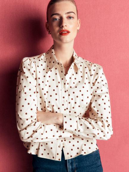 Boden Julia Cotton Rich Polka Dot Shirt, Ivory/Brown, Ivory/Brown