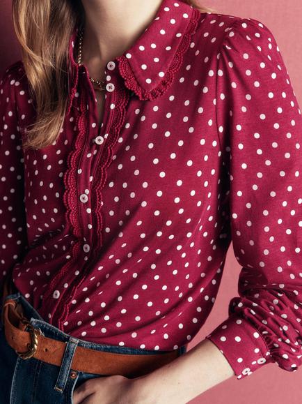 Boden Lena Lace Frill Jersey Top, Ruby Red - view 2, Ruby Red