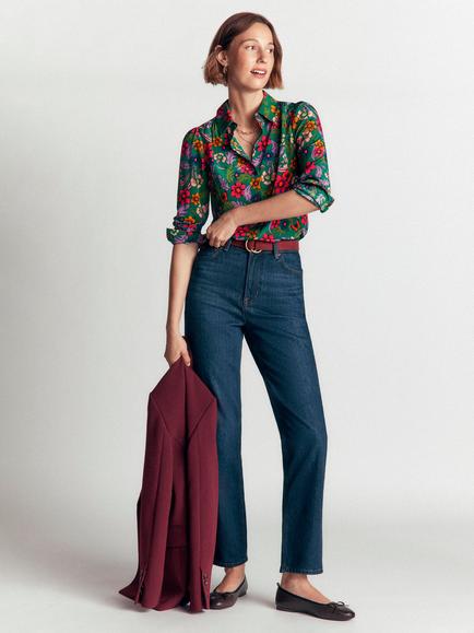 Boden Sara Floral Silk Long Sleeve Top, Green Bouquet, Green Bouquet